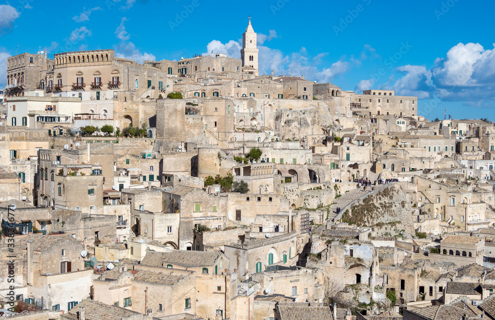 Landscape of Matera ancient city centre, with traditional sassi houses, Basilicata, Southern Italy