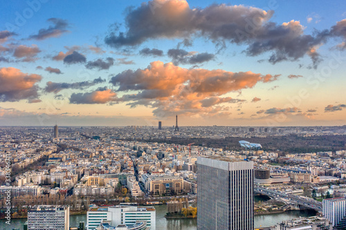 Aerial drone shot of Levallois Paris with Eiffel Tower tour montparnasse, jardin d'acclimation from La Defense area photo