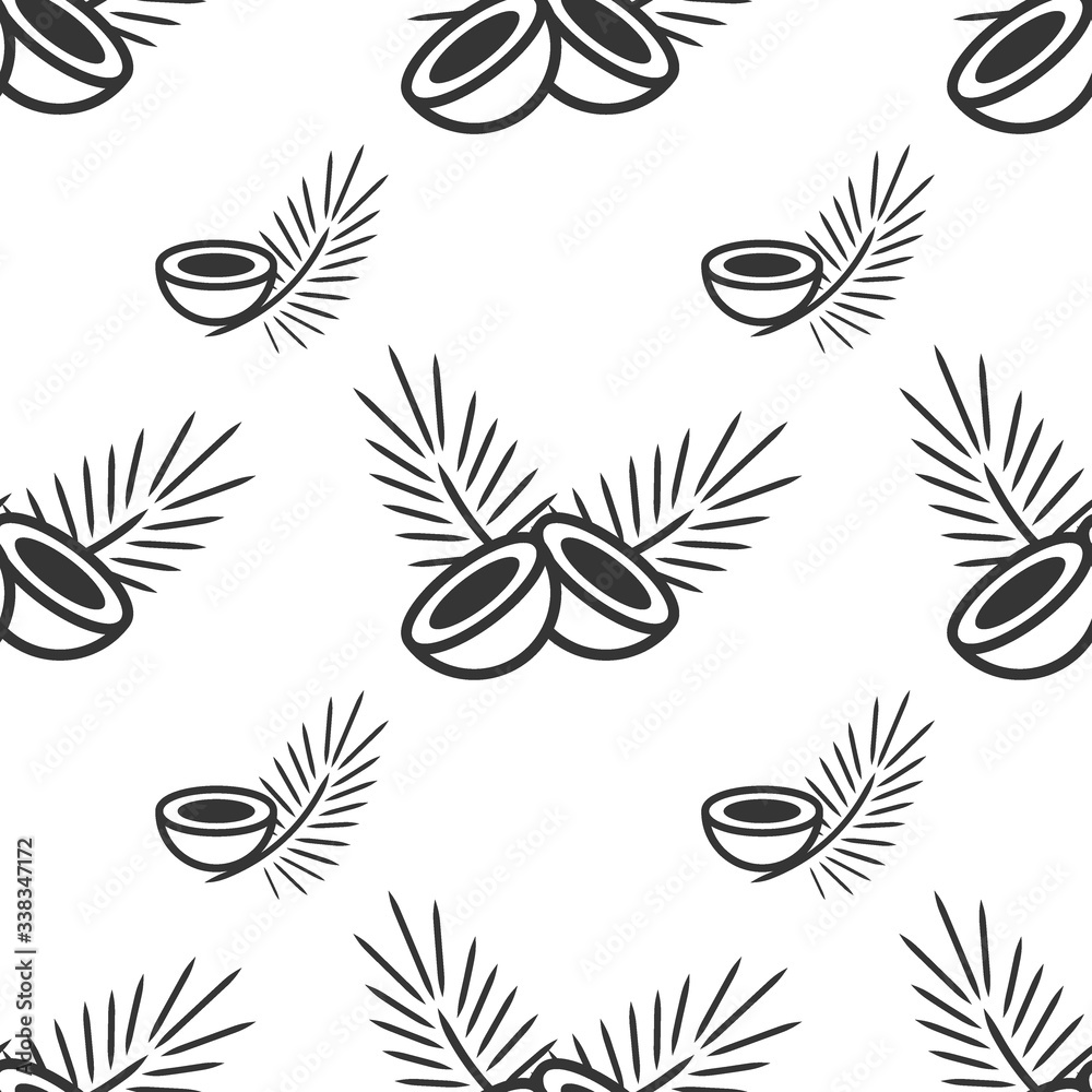 Seamless pattern with icon coconut fruit and palm leaves. Vector