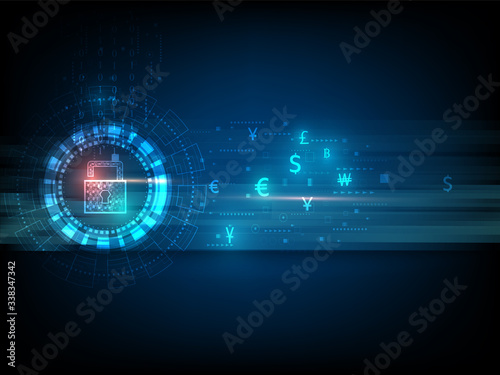 Key unlock codes with financial icons and personal money transfers showing cyber data or technology privacy concepts.