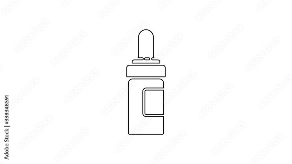 Black line Beard and mustaches care oil bottle icon isolated on white background. Glass bottle with pipette. 4K Video motion graphic animation Black line Beard and mustaches care oil bottle icon isolated on white background. Glass bottle with pipette. 4K Video motion graphic animation