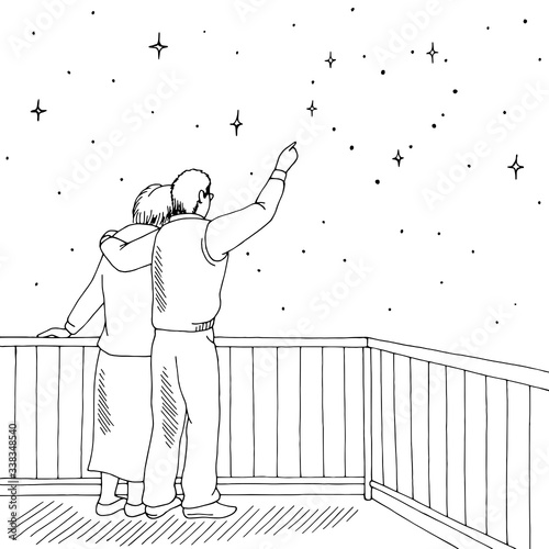 Old people stay at home looking at the stars heart shape from balcony graphic black white sketch illustration vector