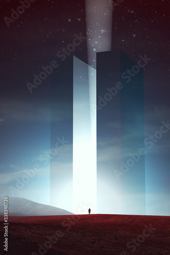 man in front of magical tower at night, surreal 3d illustration © andreiuc88