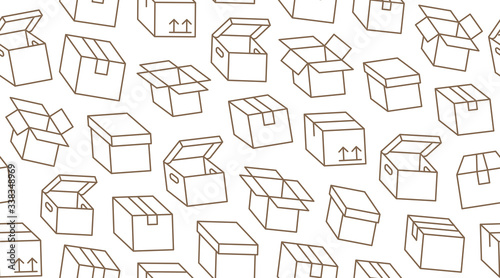 Delivery box background, cargo package seamless pattern. Various open and closed cardboard boxes, parcel flat line icons. Warehouse, storage vector illustration brown white color