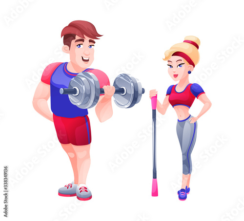 Fitness trainer girl with sports equipment and athlete bodybuilder man with dumbbells doing sports in gym. Gym powerlifting and sport bodybuilding tools. Vector illustration.