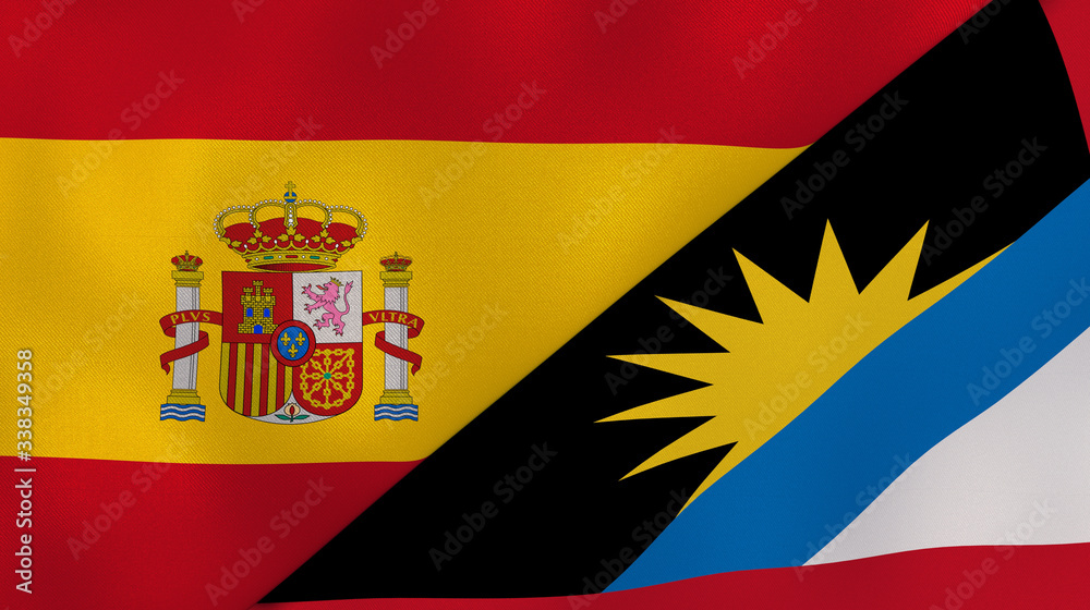 Obraz premium The flags of Spain and Antigua and Barbuda. News, reportage, business background. 3d illustration