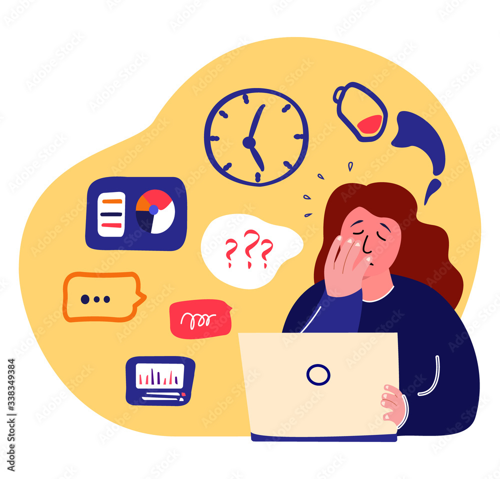 Tired Busy Exhausted Woman with Laptop.Overwhelmed Weary Workaholic Freelancer.No energy.Frustrated,Terrible Fatigue,Weakness.Working Online.Student,Telework.Internet,Computer.Flat Vector Illustration Tired Busy Exhausted Woman with Laptop.Overwhelmed Weary Workaholic Freelancer.No energy.Frustrated,Terrible Fatigue,Weakness.Working Online.Student,Telework.Internet,Computer.Flat Vector Illustration