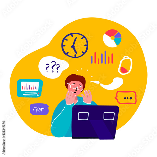 Tired Busy Exhausted Man with Laptop.Overwhelmed Weary Workaholic Freelancer.No energy.Frustrated,Terrible Fatigue,Weakness.Working Online.Student,Telework.Internet,Computer.Flat Vector Illustration photo