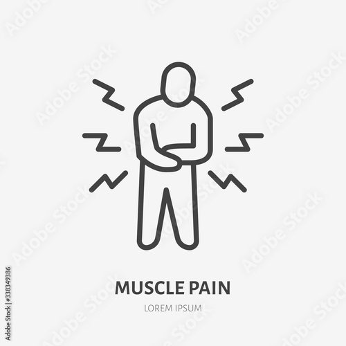 Muscle pain line icon, vector pictogram of person with stomach ache. Man having body inflammation illustration, flu symptom sign for medical poster