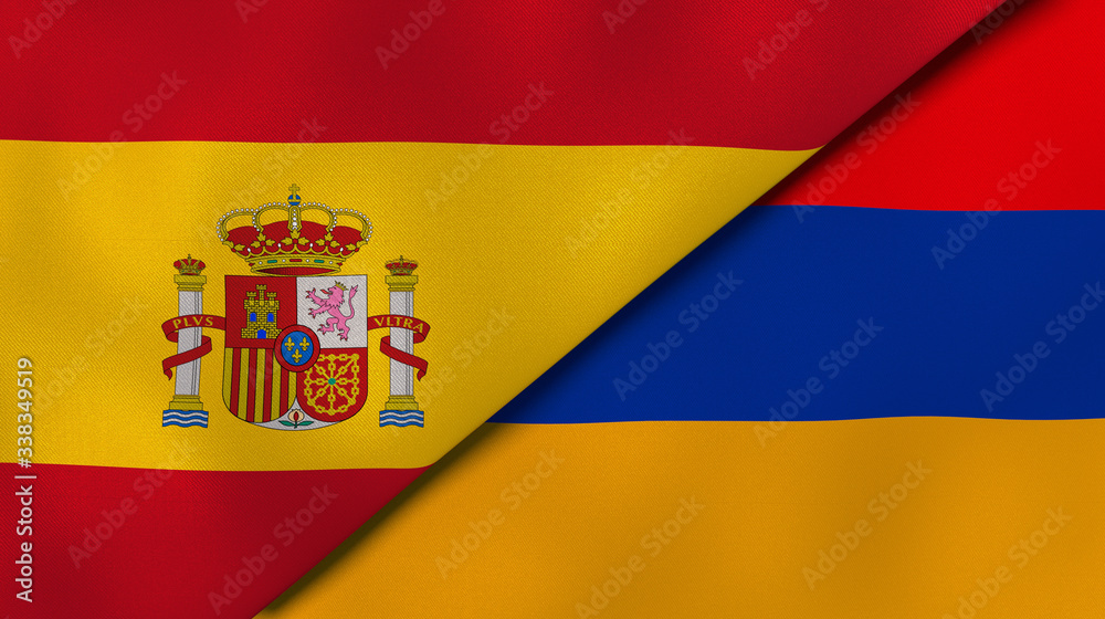 The flags of Spain and Armenia. News, reportage, business background. 3d illustration