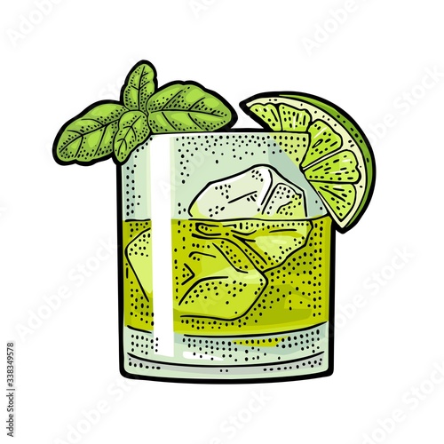 Glass cocktail gin basil smash. Vintage color vector engraving