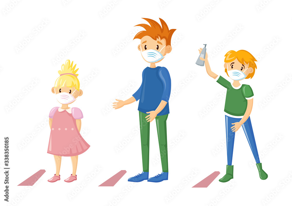 Masked children at distance several meters from each other. Masked children at distance several meters from each other.