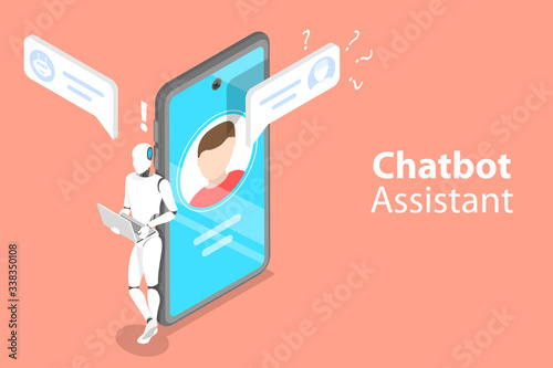 3D Isometric Flat Vector Concept of Chatbot Assistant, AI, Artificial Intelligence, Customer Support, Markting Strategy.