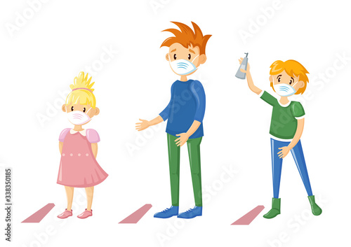 Masked children at distance several meters from each other.