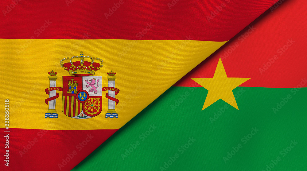The flags of Spain and Burkina Faso. News, reportage, business background. 3d illustration