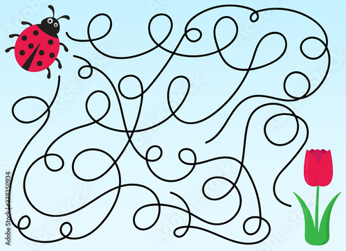 Children's game maze. Ladybug and flower: find the right way. Vector illustration.