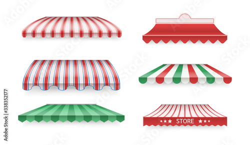 Various color awnings for shops, cafes, hotels, street restaurants. Sunshade for store. Mockup of open striped awnings for outlets and shop windows, marketplace tent roofs canopy. Vector illustration.