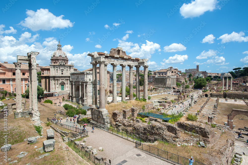 View of the Roman Forum from the Capitoline Hill, Rome, showing the ruins of the Temple of Saturn in the centre of the picture.
