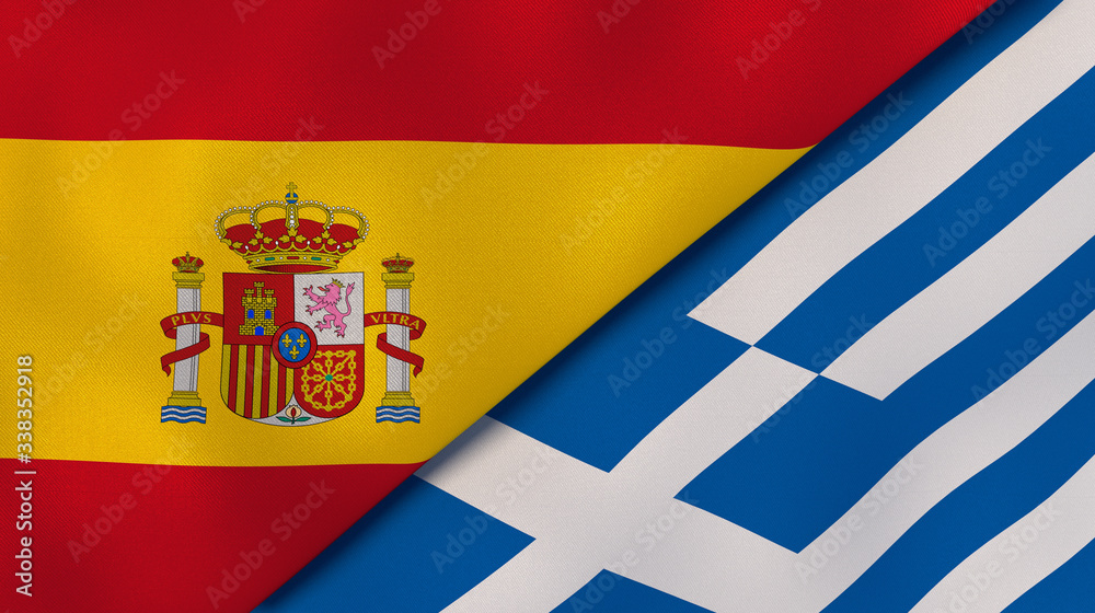 Obraz premium The flags of Spain and Greece. News, reportage, business background. 3d illustration