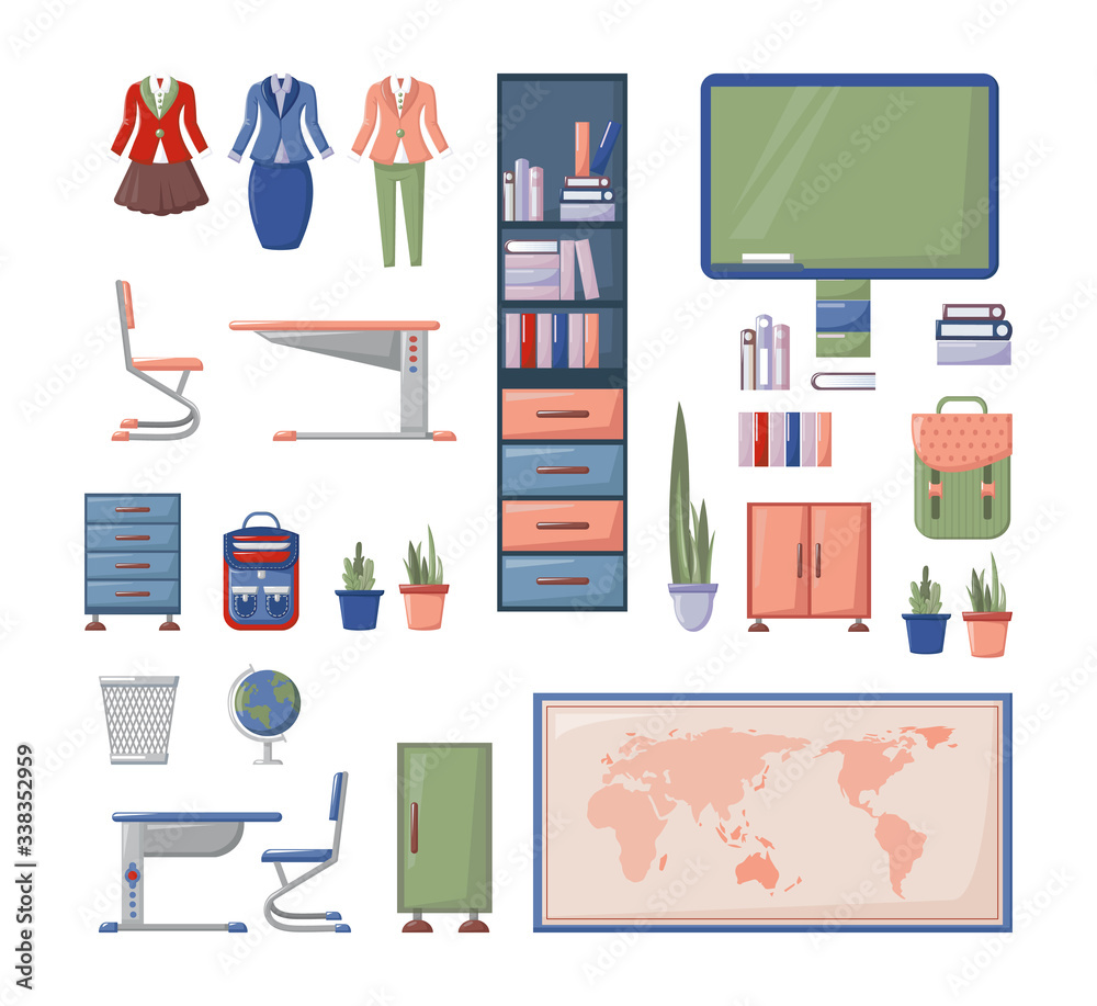 School character constructor kit and objects for animation. Teachers with students and parents. School furniture, desk classroom, map, bookshelf, backpack, home decoration, furniture, clothes vector. School character constructor kit and objects for animation. Teachers with students and parents. School furniture, desk classroom, map, bookshelf, backpack, home decoration, furniture, clothes vector.