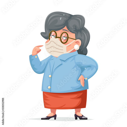 Wear protective medical face mask grandmother woman granny character adult cartoon design vector illustration