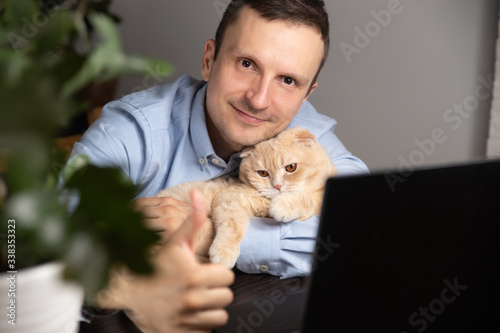 A businessman is sitting at a Desk in the office and uses a laptop, next to a red cat.Remote work at home during the pandemic.In the background is a home plant.A person works and blogs. Instagram