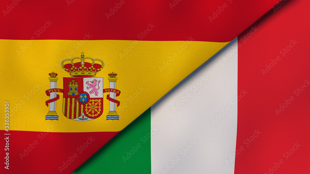 Obraz premium The flags of Spain and Italy. News, reportage, business background. 3d illustration