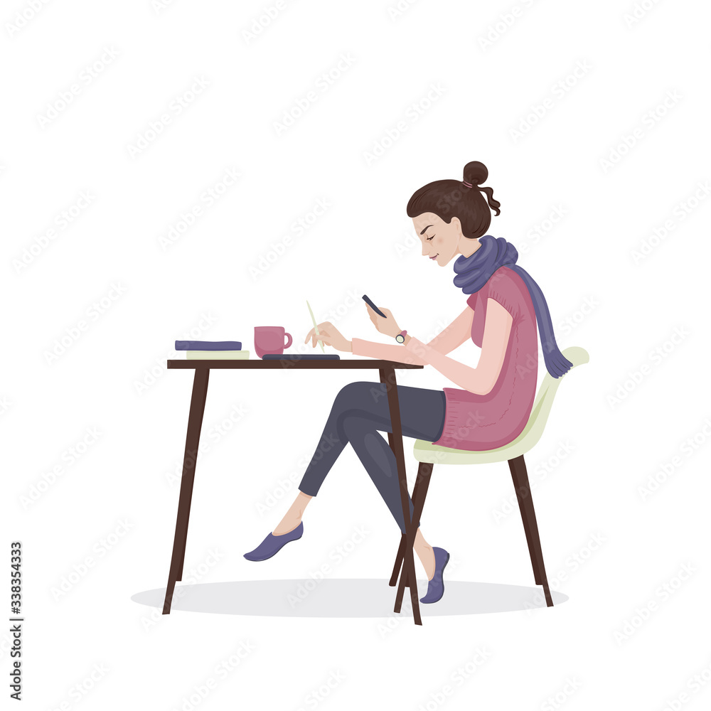 Young woman with brown hair in a pink clothes and purple scarf sitting at the table with a cup of tea and books with telephone in her hand. A student girl. Vector illustration. Young woman with brown hair in a pink clothes and purple scarf sitting at the table with a cup of tea and books with telephone in her hand. A student girl. Vector illustration.