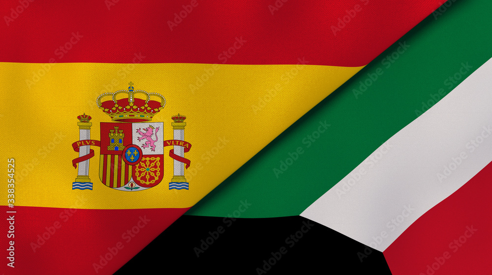 Obraz premium The flags of Spain and Kuwait. News, reportage, business background. 3d illustration