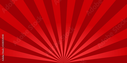Red sunburst background. Retro background with sun beam. Comic rays. Red bright sunbeams. Light texture backdrop for japanese style. Summer pattern with shiny flare for poster and banner. Vector