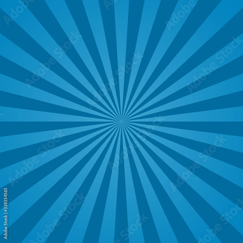 Blue sunburst background. Abstract texture with starburst. Blue sun rays background. Bright beams pattern. Gradient radial stripes. Light summer sky with sparkle for art. Retro style. Vector