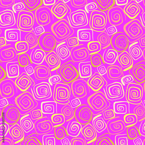 Abstract geometric floral seamless pattern. Simple hand drawn gold shiny spirals on pink background. Rose flower effect. Cute vector design for wallpaper, textile print, greeting cards, invitations