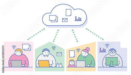 リモートワーク_横長クラウド_Remote work,Cloud,vector