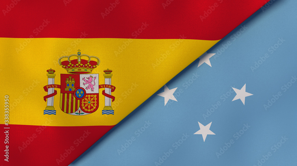 The flags of Spain and Micronesia. News, reportage, business background. 3d illustration