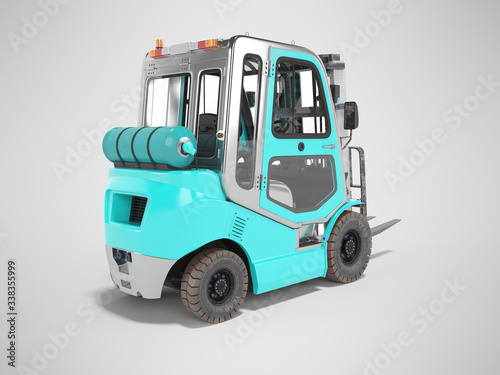 3d rendering of blue forklift with cab rear view on gray background with shadow