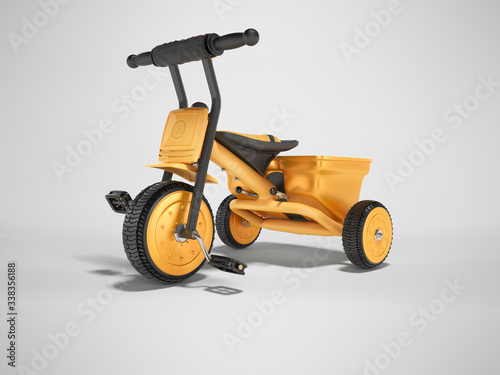 3D rendering orange childrens tricycle for child left view on gray background with shadow