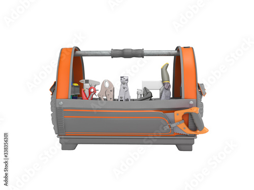 3d rendering orange with gray accents open bag with repair tools on white background no shadow