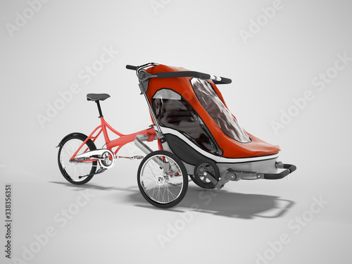 3D rendering red bicycle with teenage stroller in front isolated on gray background with shadow