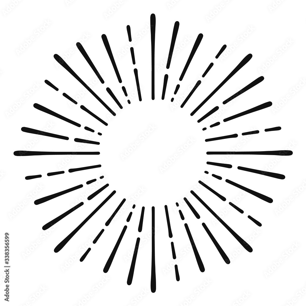 Sunburst doodle line art. Hand drawn sun burst, round banner with circle explosion. Retro sketch radial rays, black frame isolated on white background. Handmade design element Sunburst doodle line art. Hand drawn sun burst, round banner with circle explosion. Retro sketch radial rays, black frame isolated on white background. Handmade design element