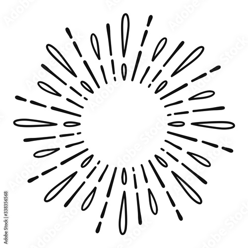 Sunburst doodle line art. Hand drawn water splash, round banner with circle explosion. Retro sketch radial rays, black frame isolated on white background. Handmade design element
