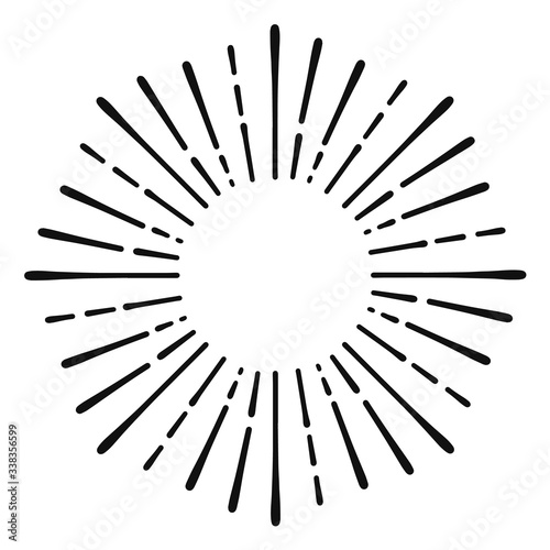 Sunburst doodle line art. Hand drawn sun burst, round banner with circle explosion. Retro sketch radial rays, black frame isolated on white background. Handmade design element
