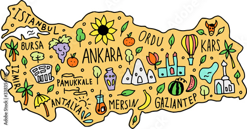 Colored hand drawn doodle Turkey map. Turkish city names lettering and cartoon landmarks, tourist attractions cliparts.
