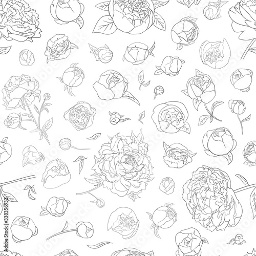 Seamless background with peony flowers. Hand drawn floral pattern. Simple ink painting graphic.