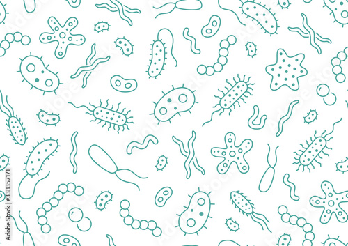 Bacteria, virus, microbe seamless pattern. Vector background included line icons as microorganism, germ, mold, cell, probiotic outline pictogram for microbiology infographic