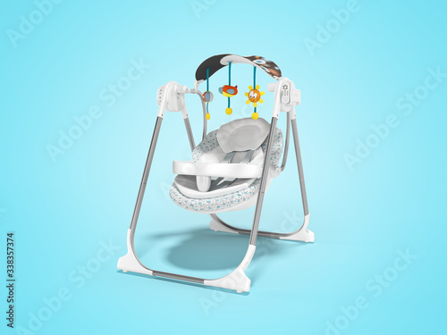 3d rendering baby rocking chair with toys on metal legs blue background with shadow