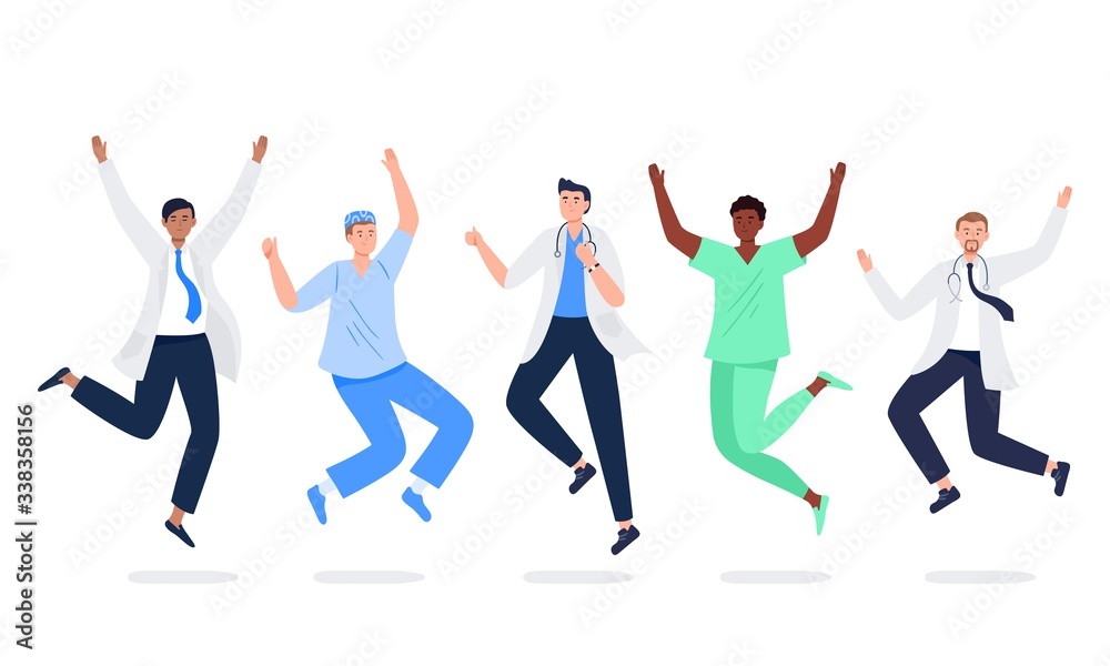 Set of happy medicine workers. Multicultural men jumping with raised hands in various poses. Doctors, surgeons, nurses rejoicing together. Characters in vector flat style.