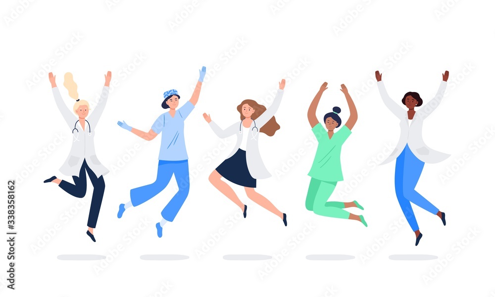 Set of happy medicine workers. Multicultural women jumping with raised hands in various poses. Doctors, surgeons, nurses rejoicing together. Characters in vector flat style.