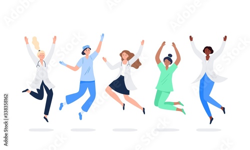 Set of happy medicine workers. Multicultural women jumping with raised hands in various poses. Doctors  surgeons  nurses rejoicing together. Characters in vector flat style.