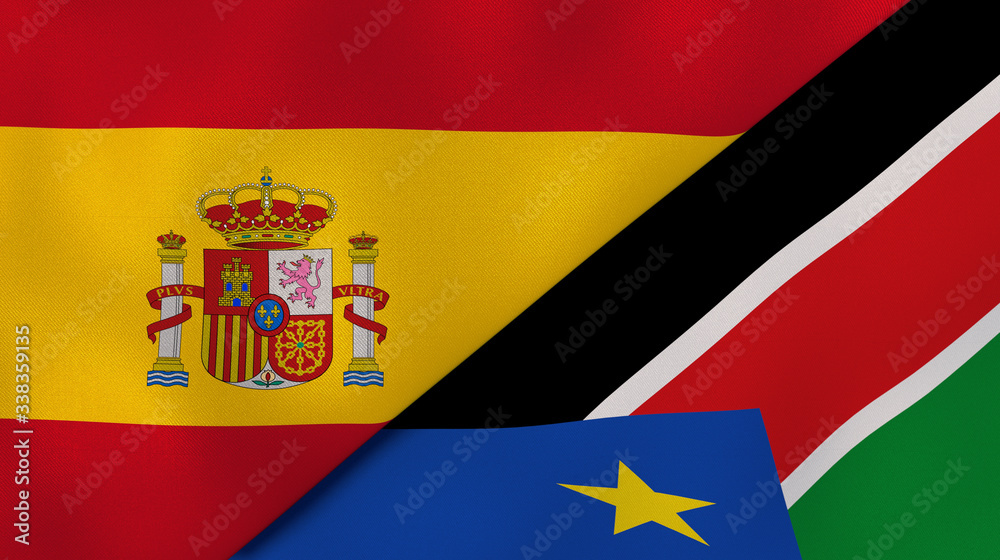 The flags of Spain and South Sudan. News, reportage, business background. 3d illustration