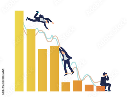 Vector flat desperate business people falling and climbing on lowering graph - stock market drop, financial crisis, investment failure and loss concept